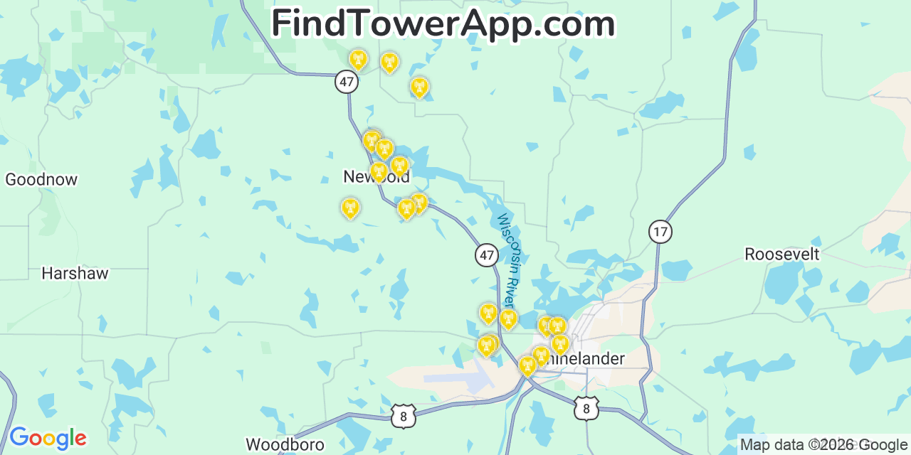 Map showing the 20 primary cell tower locations detected in Oneida, Wisconsin from AT&T, Verizon, and T-Mobile networks