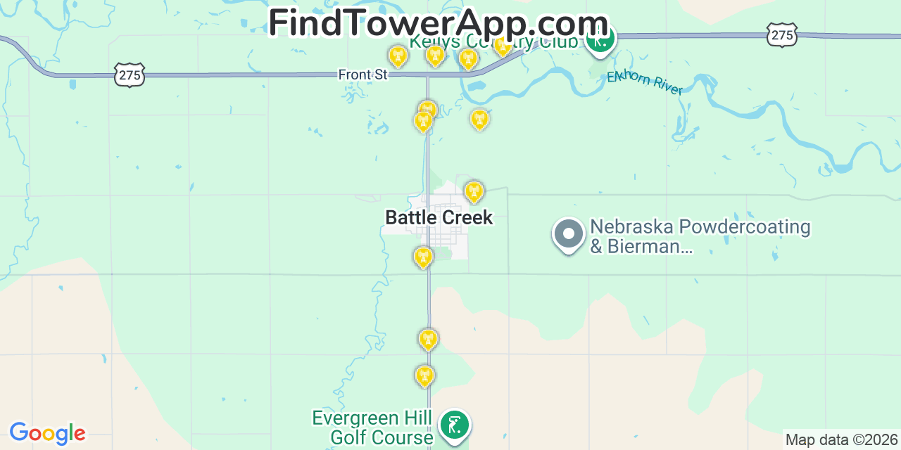 Map showing the 20 primary cell tower locations detected in Oneill, Nebraska from AT&T, Verizon, and T-Mobile networks