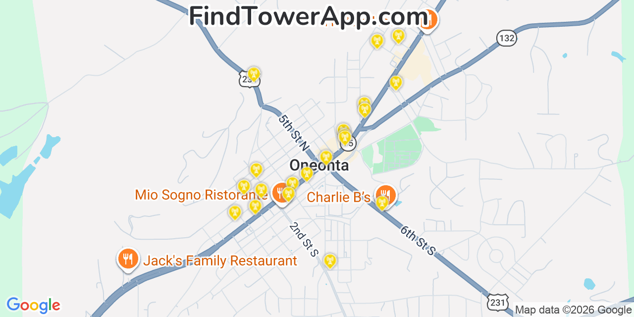 Map showing the 20 primary cell tower locations detected in Oneonta, Alabama from AT&T, Verizon, and T-Mobile networks