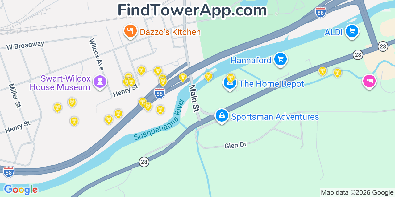 Map showing the 20 primary cell tower locations detected in Oneonta, New York from AT&T, Verizon, and T-Mobile networks