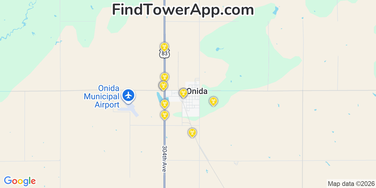 Map showing the 20 primary cell tower locations detected in Onida, South Dakota from AT&T, Verizon, and T-Mobile networks