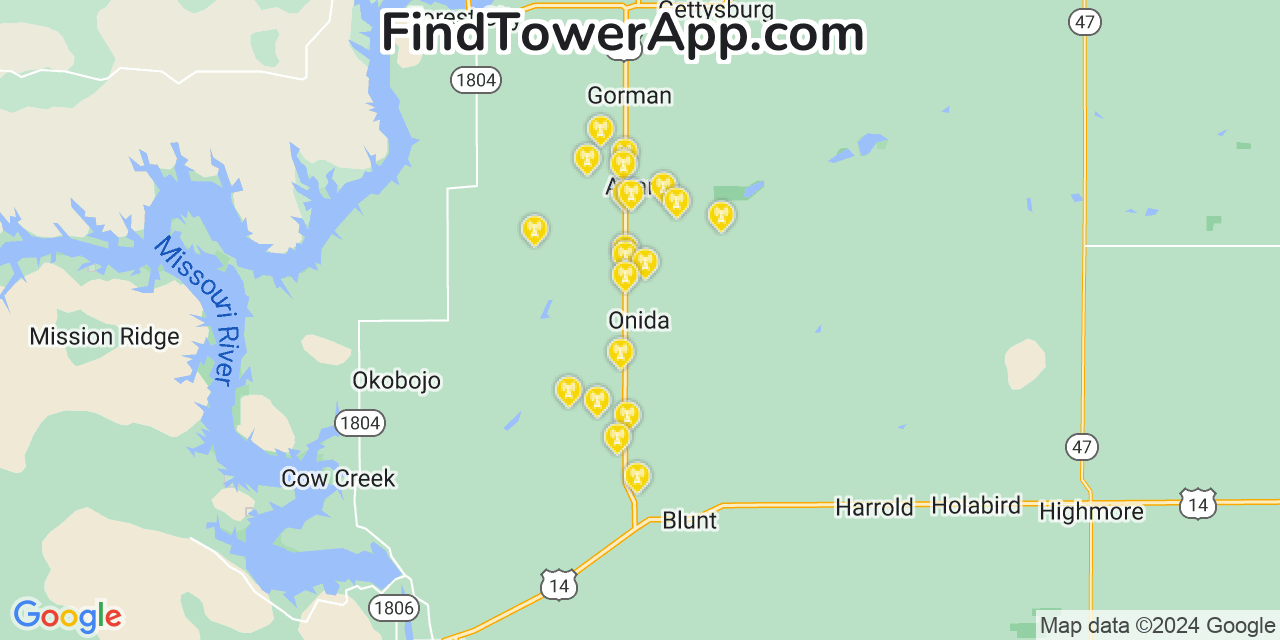 Verizon 4G/5G cell tower coverage map Onida, South Dakota