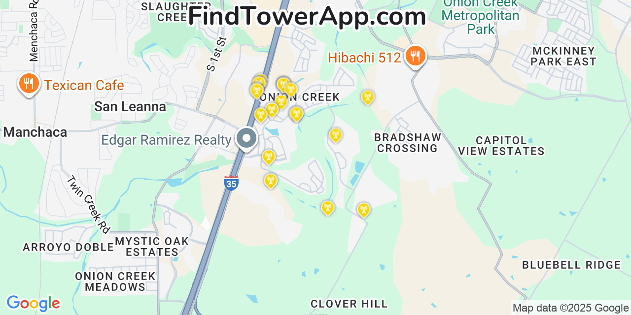 Map showing the 20 primary cell tower locations detected in Onion Creek, Texas from AT&T, Verizon, and T-Mobile networks