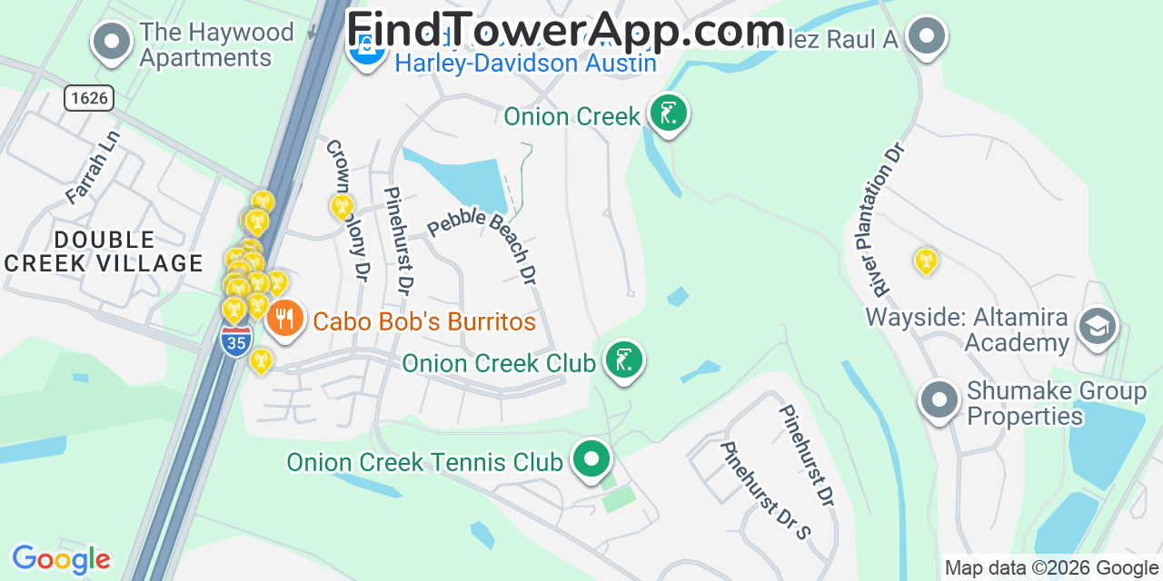 Map showing the 20 primary cell tower locations detected in Onion Creek, Texas from AT&T, Verizon, and T-Mobile networks