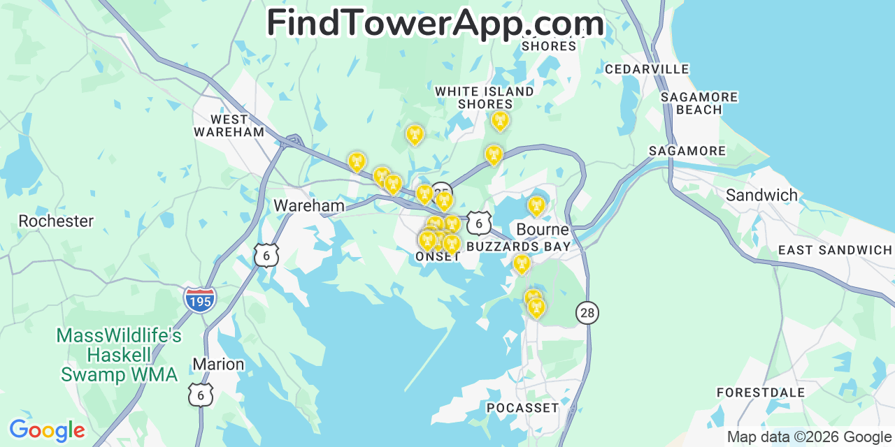 Map showing the 20 primary cell tower locations detected in Onset, Massachusetts from AT&T, Verizon, and T-Mobile networks