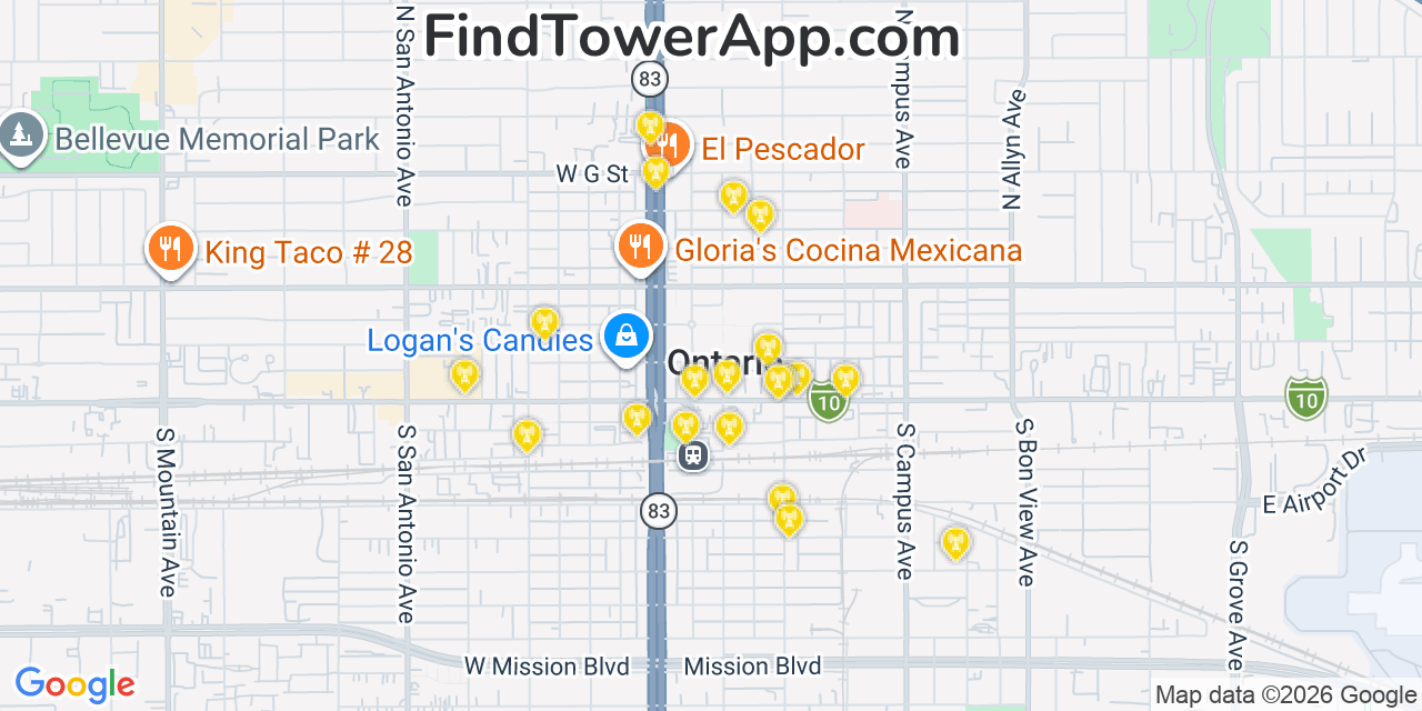 Map showing the 20 primary cell tower locations detected in Ontario, California from AT&T, Verizon, and T-Mobile networks