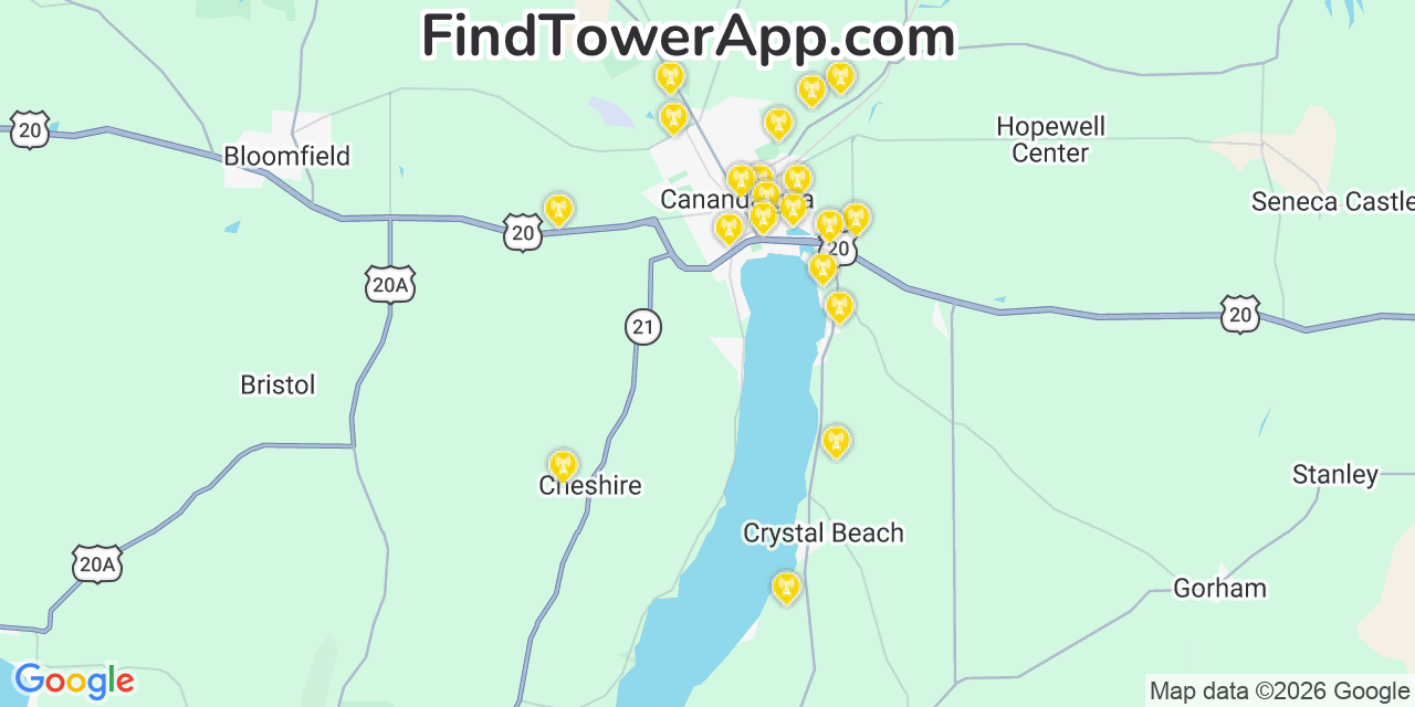 Map showing the 20 primary cell tower locations detected in Ontario, New York from AT&T, Verizon, and T-Mobile networks