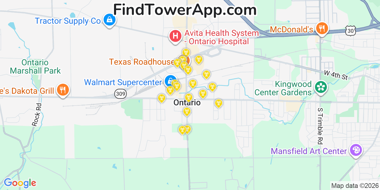 Map showing the 20 primary cell tower locations detected in Ontario, Ohio from AT&T, Verizon, and T-Mobile networks