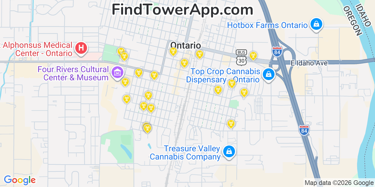 Map showing the 20 primary cell tower locations detected in Ontario, Oregon from AT&T, Verizon, and T-Mobile networks