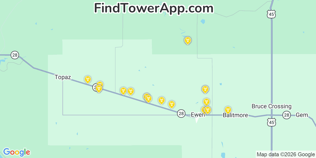 Map showing the 20 primary cell tower locations detected in Ontonagon, Michigan from AT&T, Verizon, and T-Mobile networks