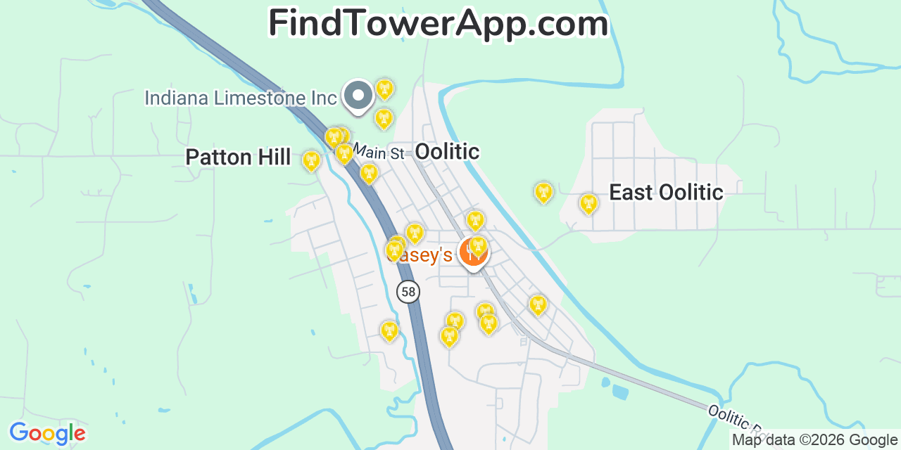 Map showing the 20 primary cell tower locations detected in Oolitic, Indiana from AT&T, Verizon, and T-Mobile networks