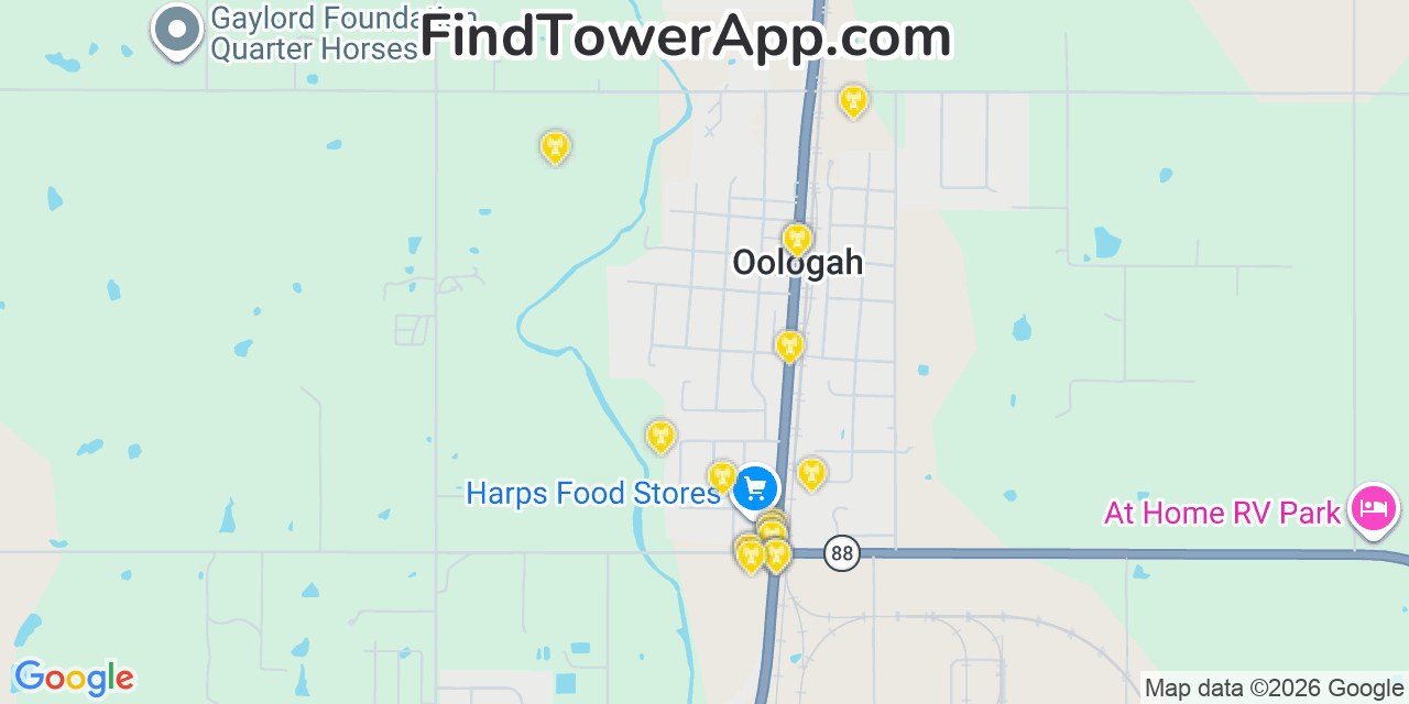 Map showing the 20 primary cell tower locations detected in Oologah, Oklahoma from AT&T, Verizon, and T-Mobile networks