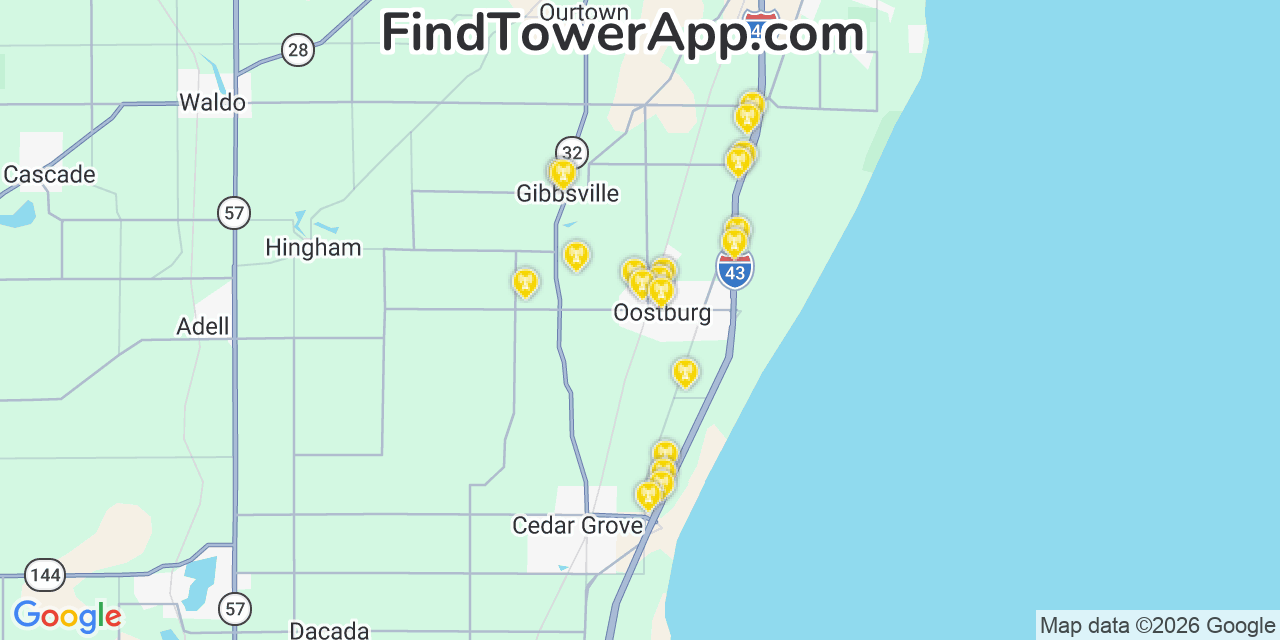 Map showing the 20 primary cell tower locations detected in Oostburg, Wisconsin from AT&T, Verizon, and T-Mobile networks