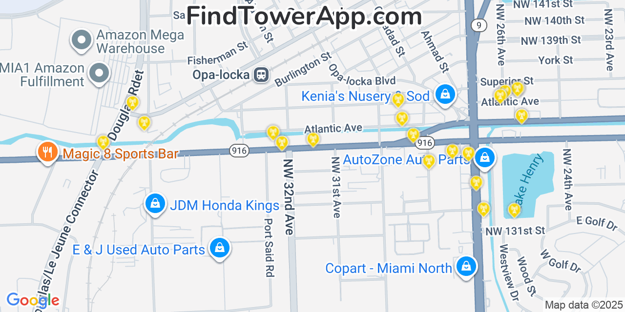 Map showing the 20 primary AT&T cell tower locations detected in Opa Locka, Florida with coverage radius and signal strength indicators