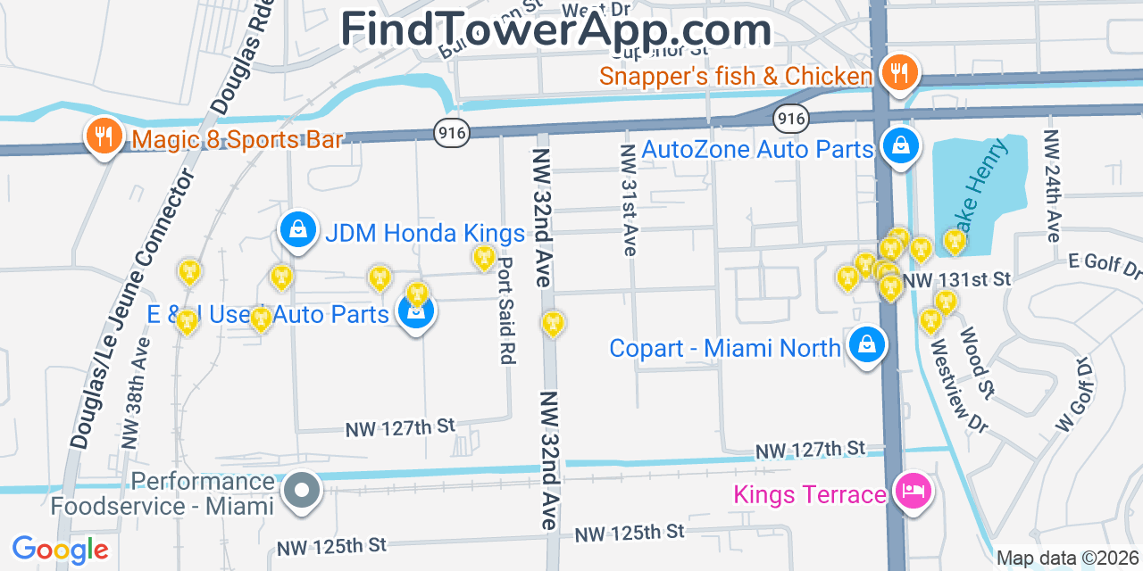Map showing the 20 primary cell tower locations detected in Opa Locka, Florida from AT&T, Verizon, and T-Mobile networks