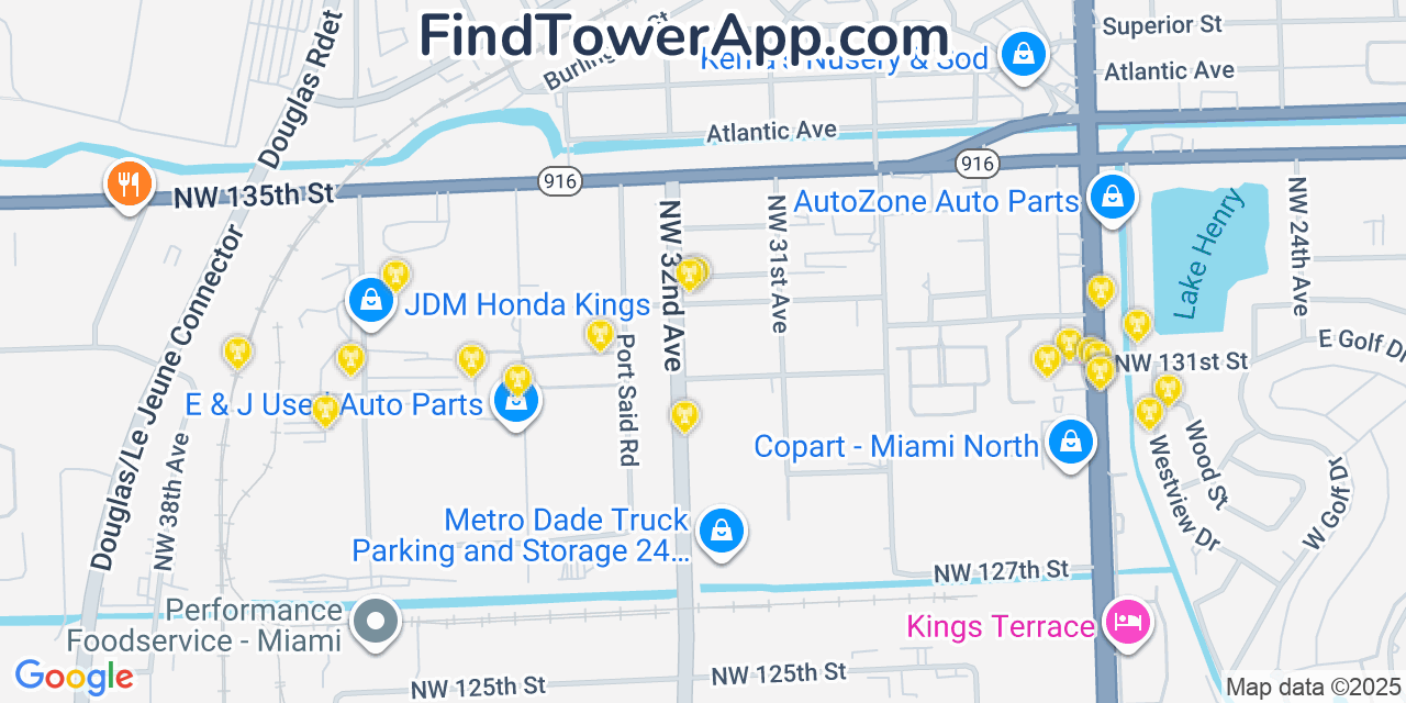 Map showing the 20 primary T-Mobile cell tower locations detected in Opa Locka, Florida with coverage radius and signal strength indicators