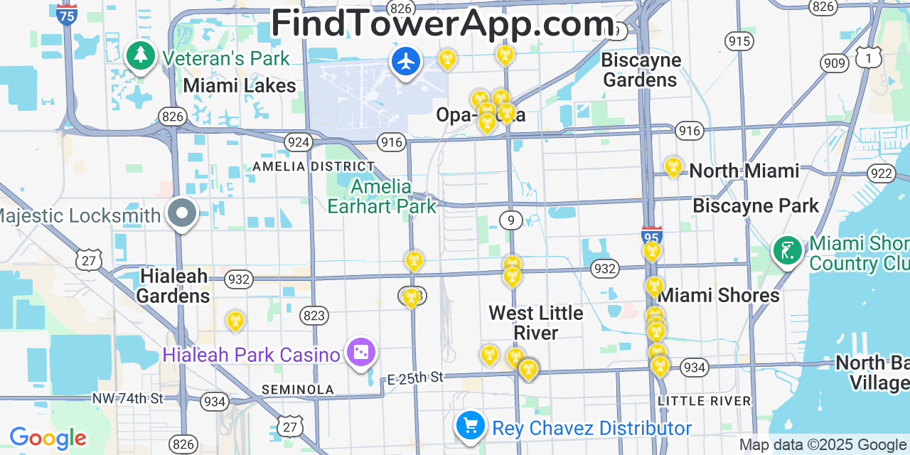 Map showing the 27 primary Verizon cell tower locations detected in Opa Locka, Florida with coverage radius and signal strength indicators