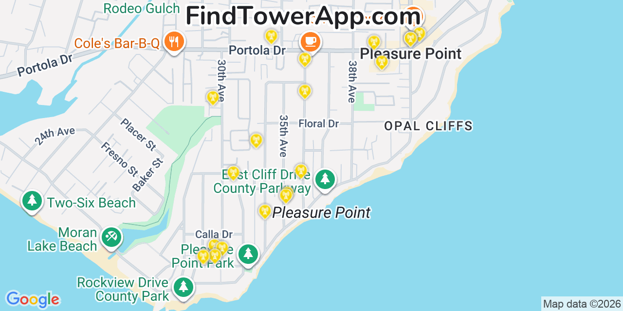 Map showing the 20 primary cell tower locations detected in Opal Cliffs, California from AT&T, Verizon, and T-Mobile networks
