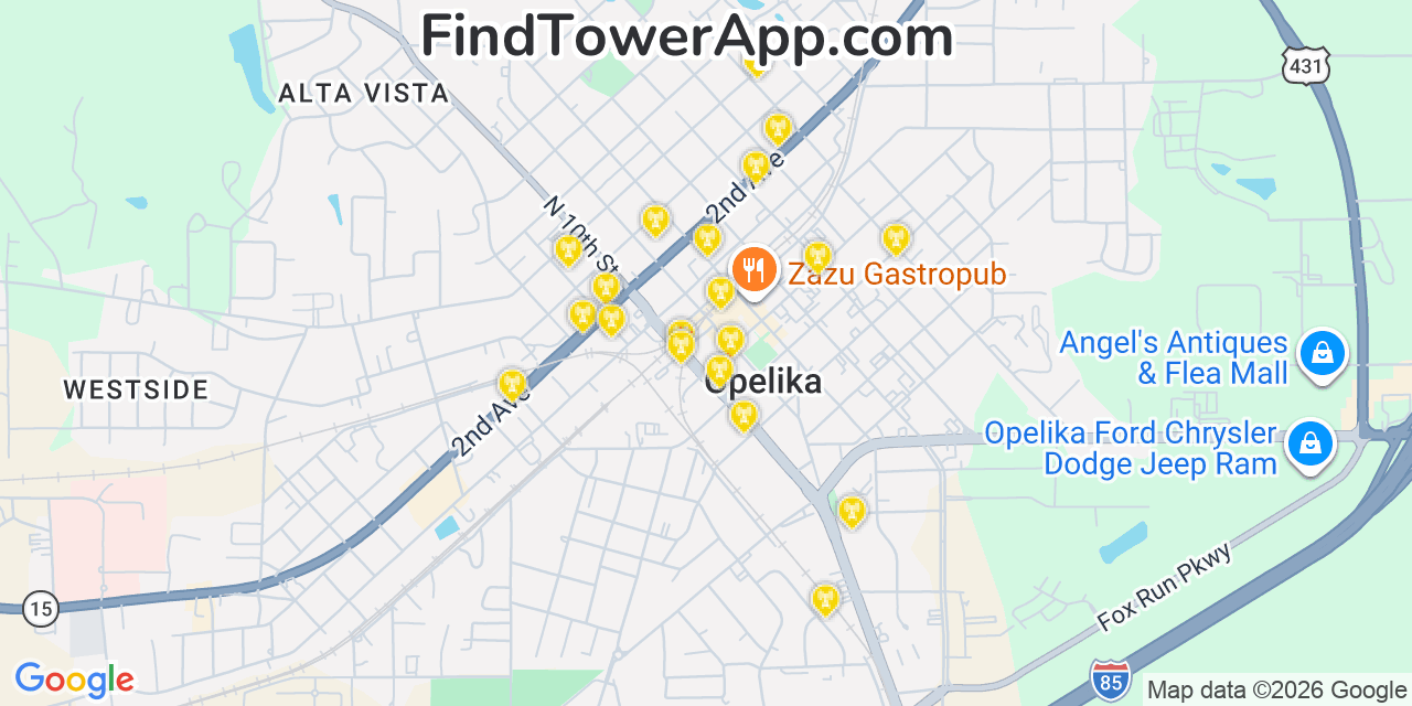 Map showing the 20 primary cell tower locations detected in Opelika, Alabama from AT&T, Verizon, and T-Mobile networks