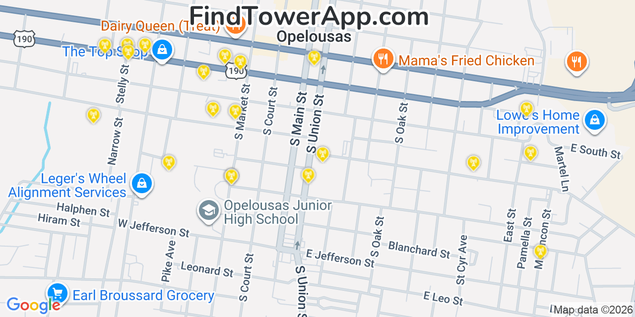 Map showing the 20 primary cell tower locations detected in Opelousas, Louisiana from AT&T, Verizon, and T-Mobile networks