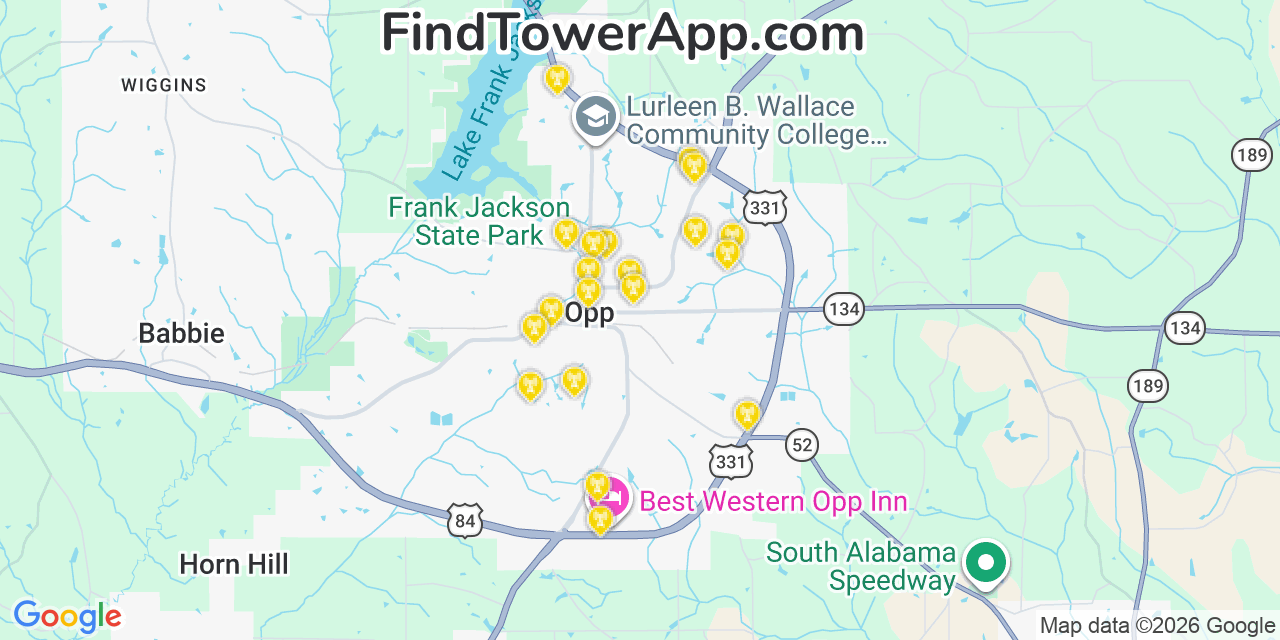 Map showing the 20 primary cell tower locations detected in Opp, Alabama from AT&T, Verizon, and T-Mobile networks
