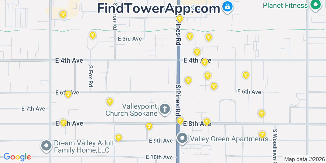 Map showing the 20 primary cell tower locations detected in Opportunity, Washington from AT&T, Verizon, and T-Mobile networks