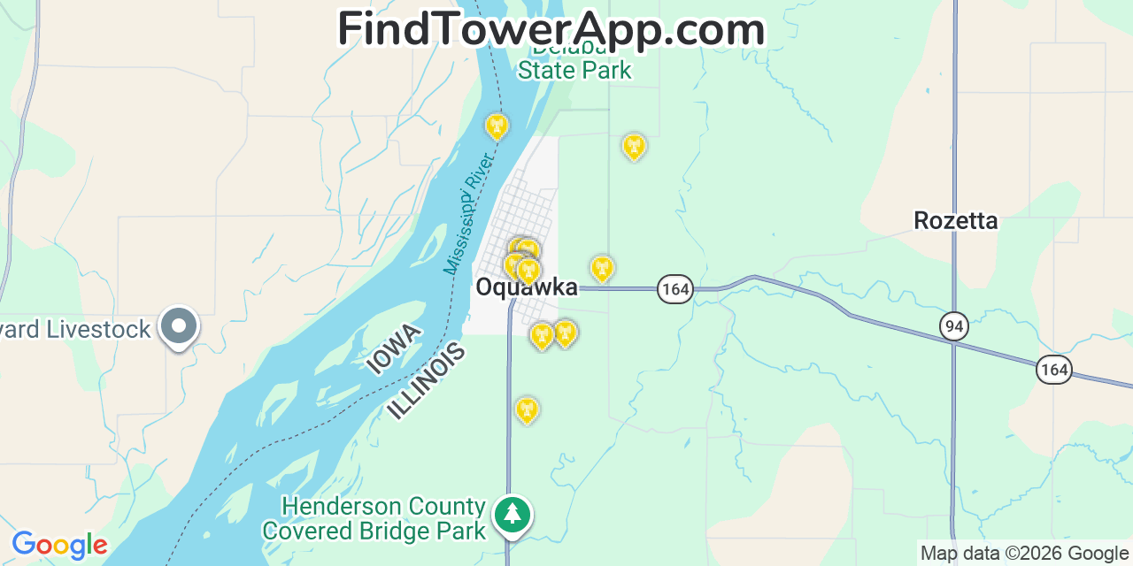 Map showing the 20 primary cell tower locations detected in Oquawka, Illinois from AT&T, Verizon, and T-Mobile networks