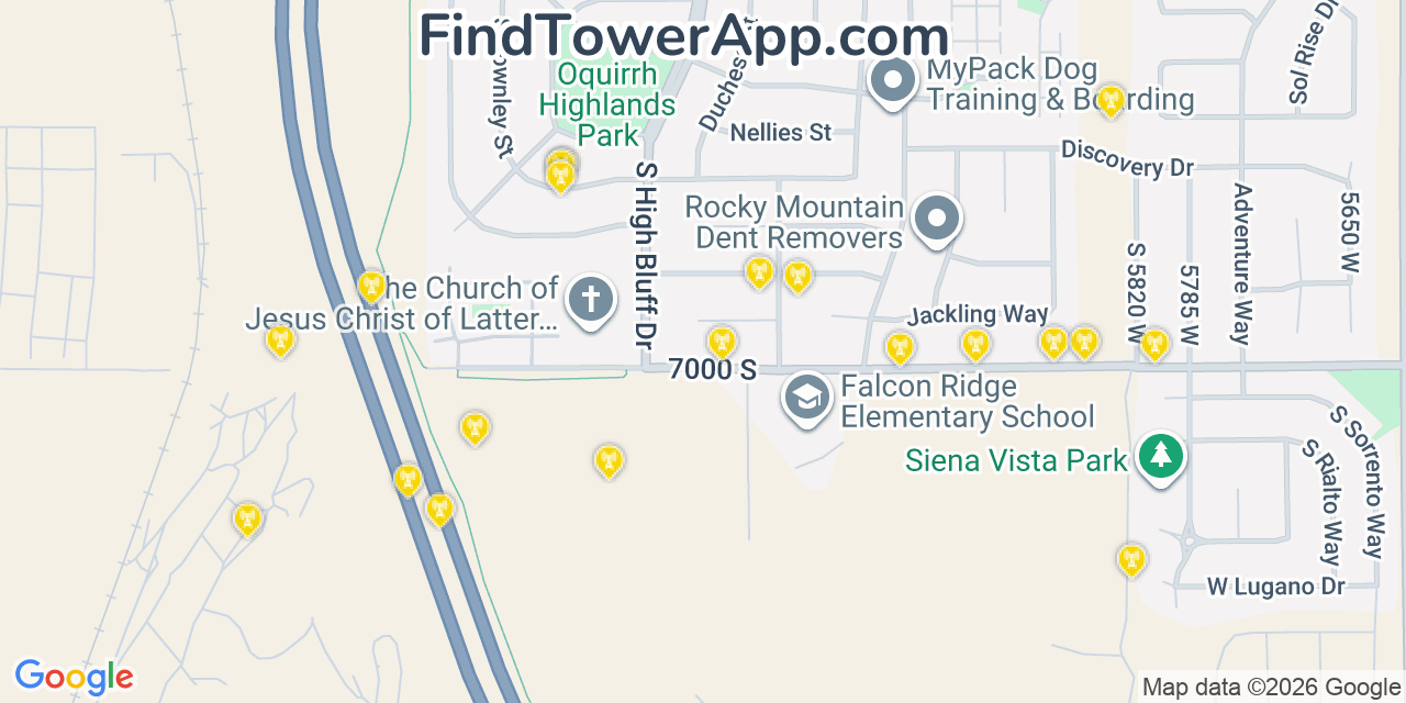 Map showing the 20 primary cell tower locations detected in Oquirrh, Utah from AT&T, Verizon, and T-Mobile networks