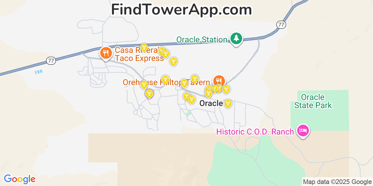 Map showing the 20 primary cell tower locations detected in Oracle, Arizona from AT&T, Verizon, and T-Mobile networks