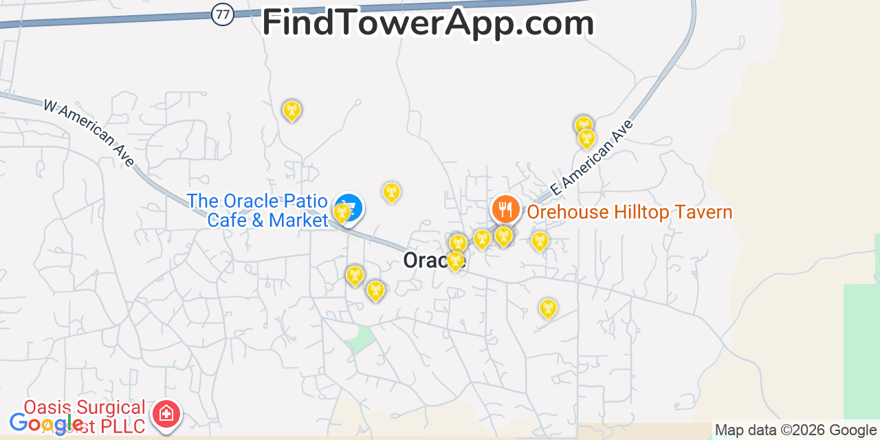 Map showing the 20 primary cell tower locations detected in Oracle, Arizona from AT&T, Verizon, and T-Mobile networks