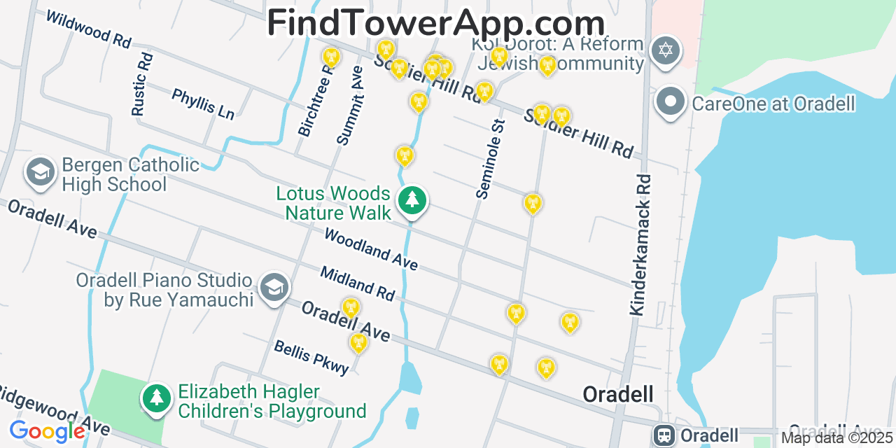 Map showing the 20 primary cell tower locations detected in Oradell, New Jersey from AT&T, Verizon, and T-Mobile networks