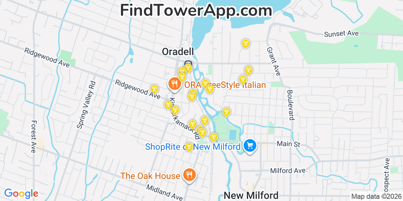 Map showing the 20 primary cell tower locations detected in Oradell, New Jersey from AT&T, Verizon, and T-Mobile networks