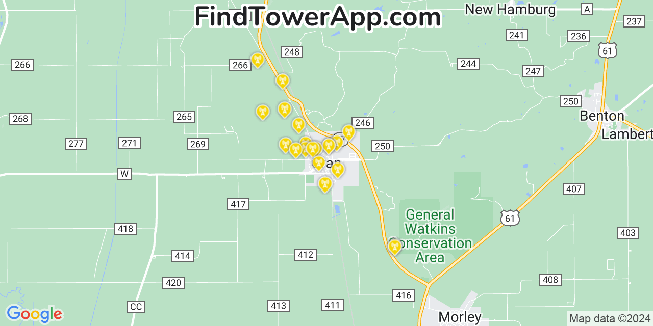 AT&T 4G/5G cell tower coverage map Oran, Missouri