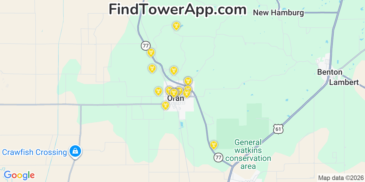 Map showing the 20 primary cell tower locations detected in Oran, Missouri from AT&T, Verizon, and T-Mobile networks