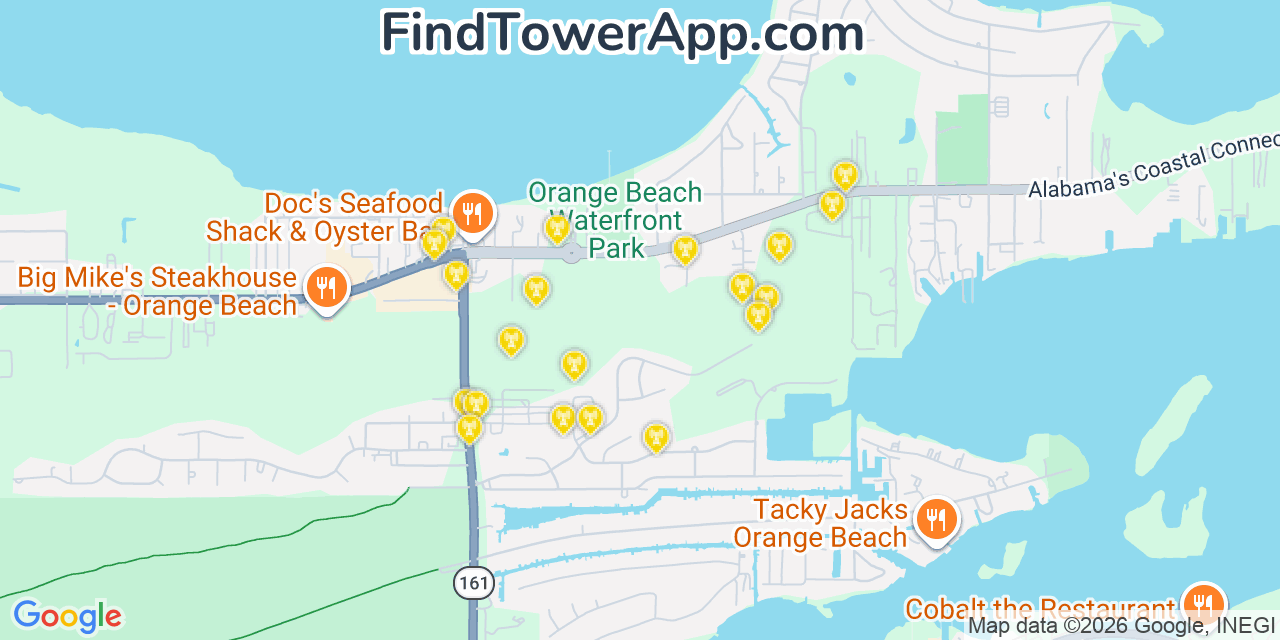 Map showing the 20 primary cell tower locations detected in Orange Beach, Alabama from AT&T, Verizon, and T-Mobile networks