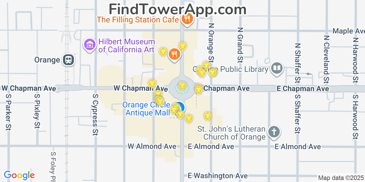 Map showing the 20 primary cell tower locations detected in Orange, California from AT&T, Verizon, and T-Mobile networks