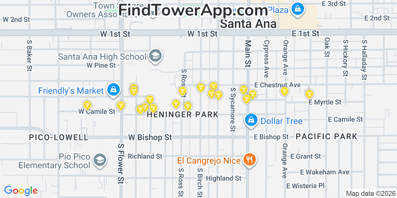 Map showing the 20 primary cell tower locations detected in Orange, California from AT&T, Verizon, and T-Mobile networks