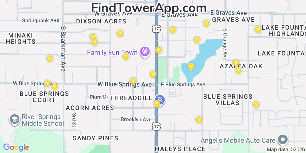 Map showing the 20 primary cell tower locations detected in Orange City, Florida from AT&T, Verizon, and T-Mobile networks