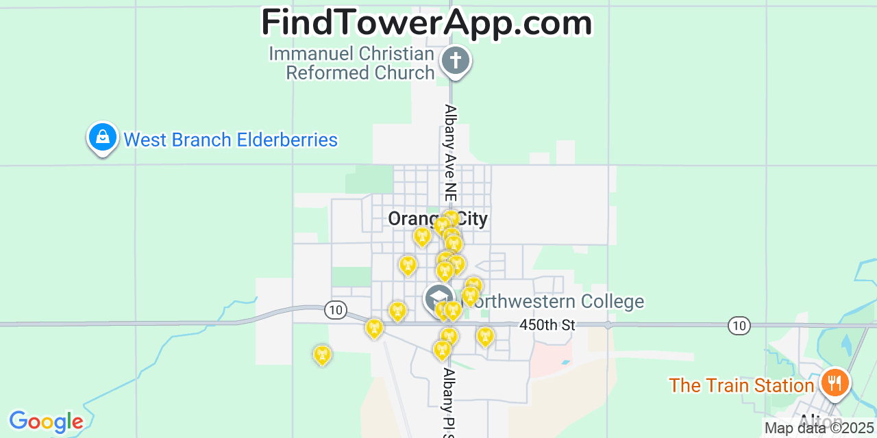 Map showing the 20 primary cell tower locations detected in Orange City, Iowa from AT&T, Verizon, and T-Mobile networks