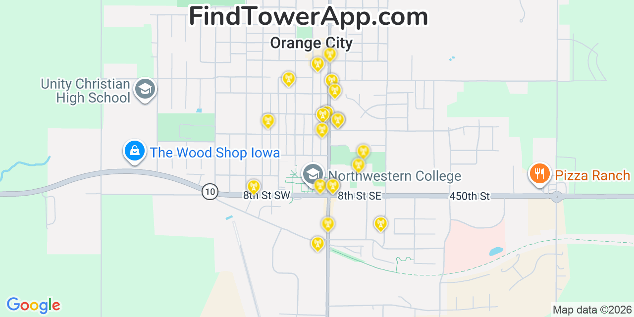 Map showing the 20 primary cell tower locations detected in Orange City, Iowa from AT&T, Verizon, and T-Mobile networks