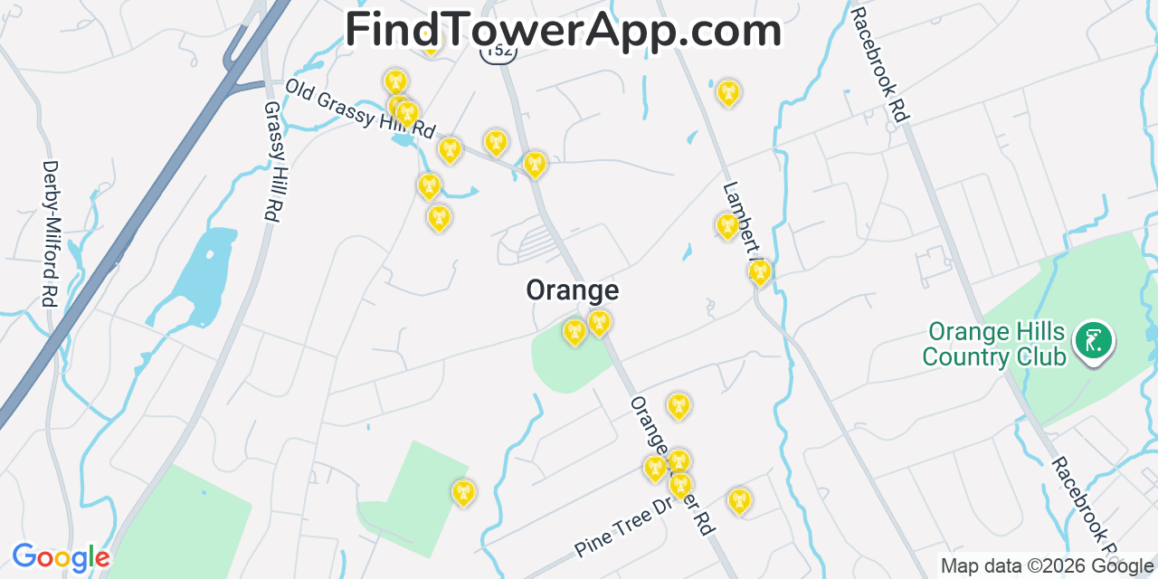 Map showing the 20 primary cell tower locations detected in Orange, Connecticut from AT&T, Verizon, and T-Mobile networks