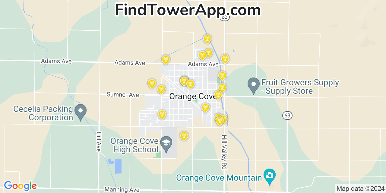 AT&T 4G/5G cell tower coverage map Orange Cove, California