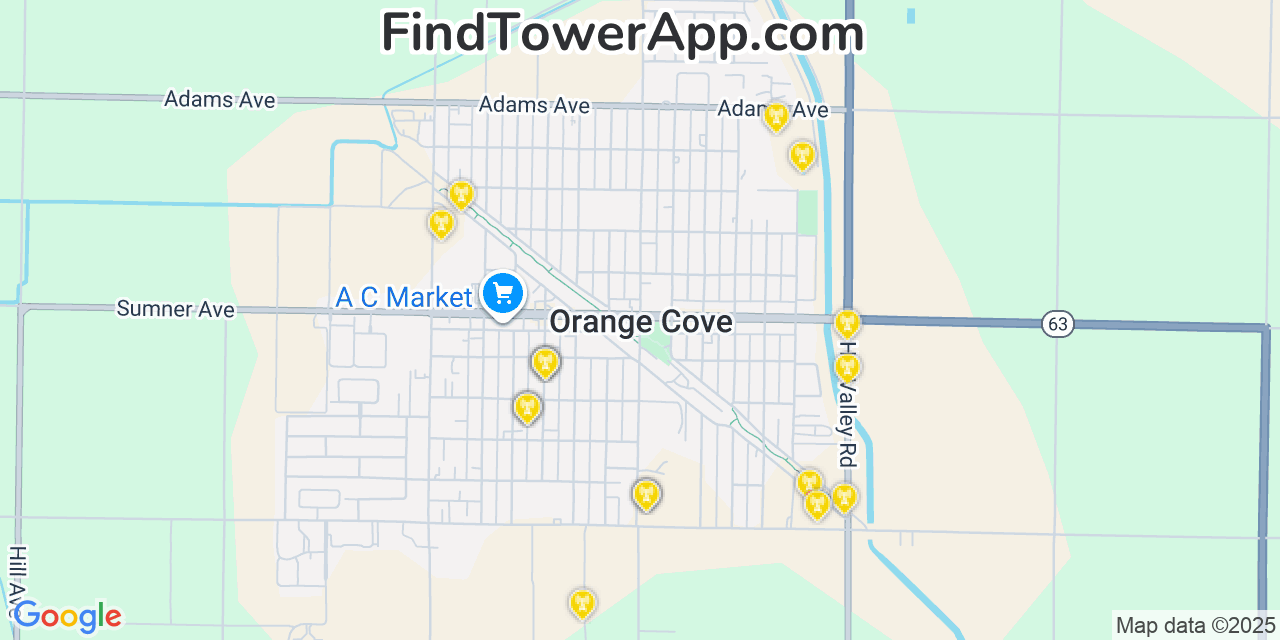 Map showing the 20 primary cell tower locations detected in Orange Cove, California from AT&T, Verizon, and T-Mobile networks