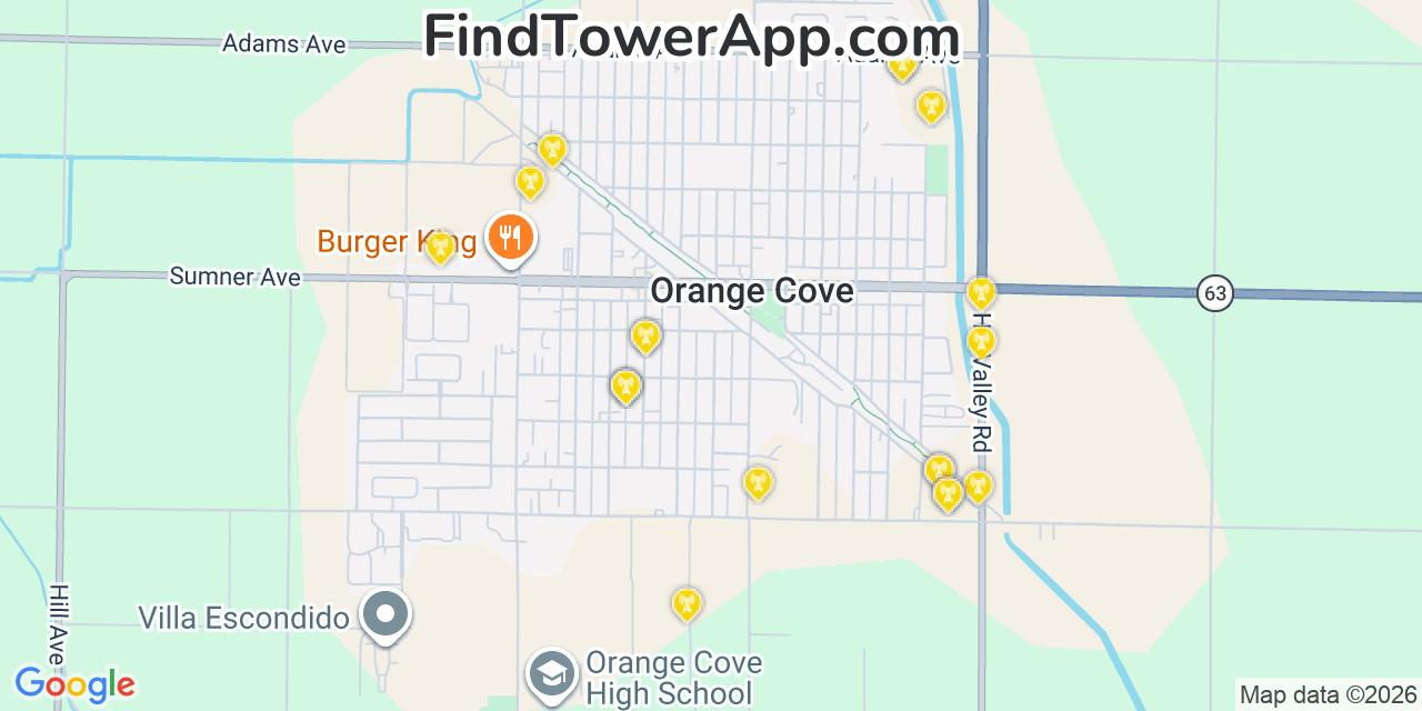 Map showing the 20 primary cell tower locations detected in Orange Cove, California from AT&T, Verizon, and T-Mobile networks