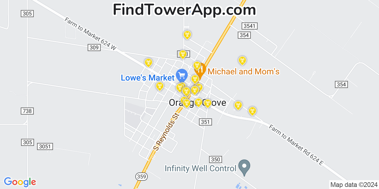 AT&T 4G/5G cell tower coverage map Orange Grove, Texas
