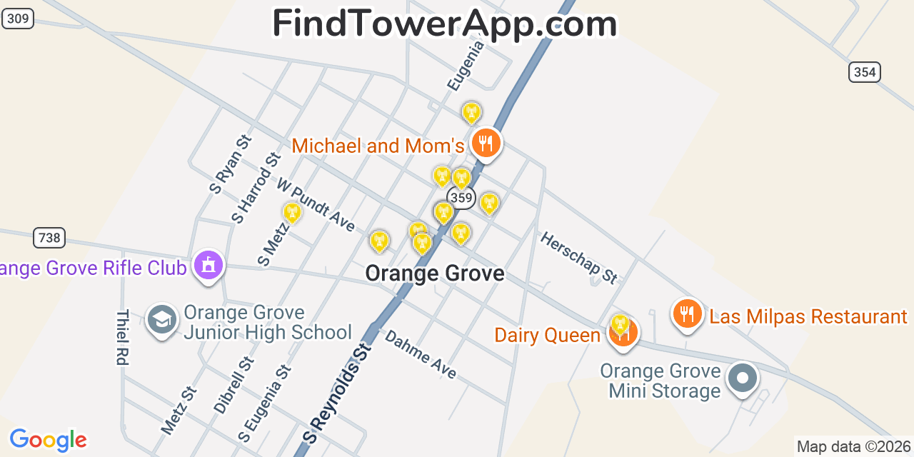Map showing the 20 primary cell tower locations detected in Orange Grove, Texas from AT&T, Verizon, and T-Mobile networks