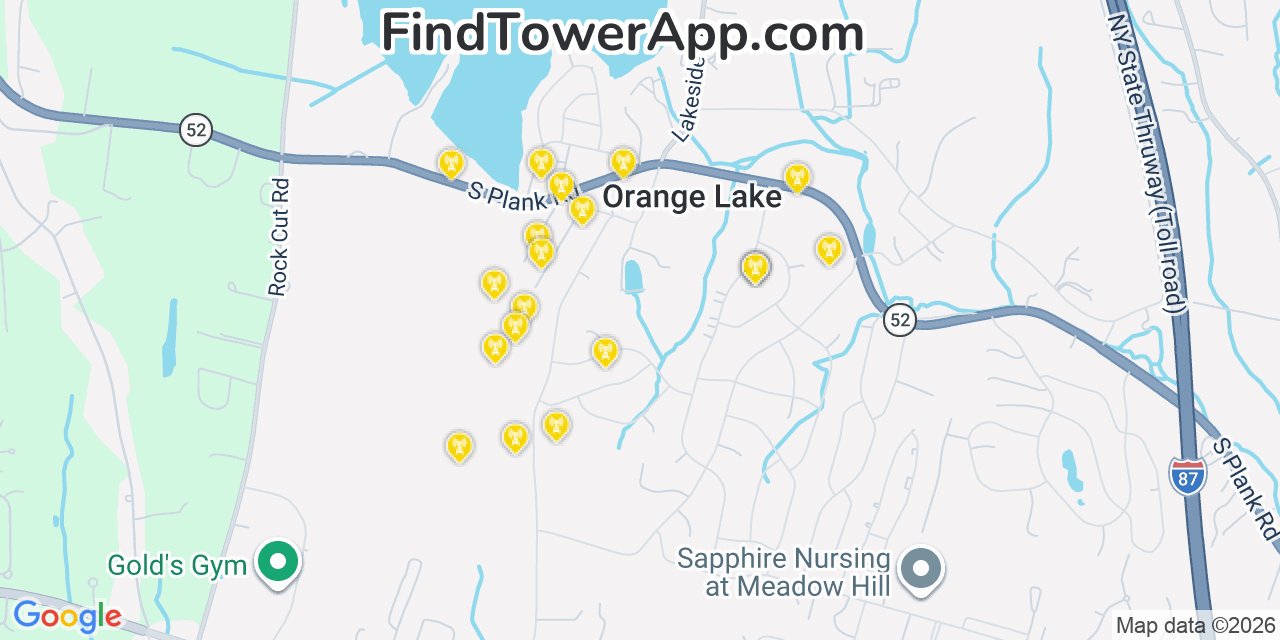 Map showing the 20 primary cell tower locations detected in Orange Lake, New York from AT&T, Verizon, and T-Mobile networks