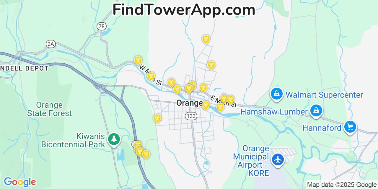 Map showing the 20 primary cell tower locations detected in Orange, Massachusetts from AT&T, Verizon, and T-Mobile networks