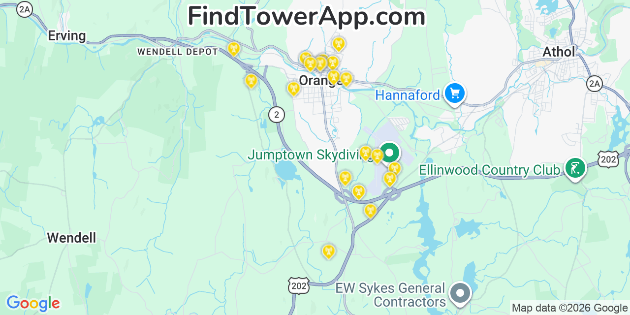 Map showing the 20 primary cell tower locations detected in Orange, Massachusetts from AT&T, Verizon, and T-Mobile networks