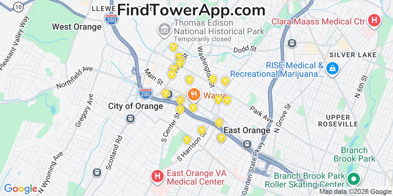 Map showing the 20 primary cell tower locations detected in Orange, New Jersey from AT&T, Verizon, and T-Mobile networks
